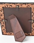 Handcrafted Leather Photo Frame With Floral Carving For Western Tabletop Display 10.5x9Inch