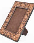 Handcrafted Leather Photo Frame With Floral Carving For Western Tabletop Display 10.5x9Inch