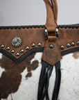 Rustic Western Cowhide Leather Satchel With Fringe