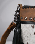 Rustic Western Cowhide Leather Satchel With Fringe