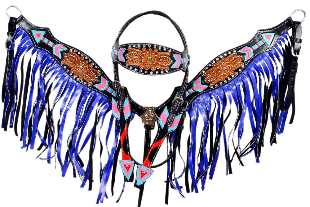 Hilason Western Horse Leather Headstall &amp; Breast Collar Set Black with Blue Fringes