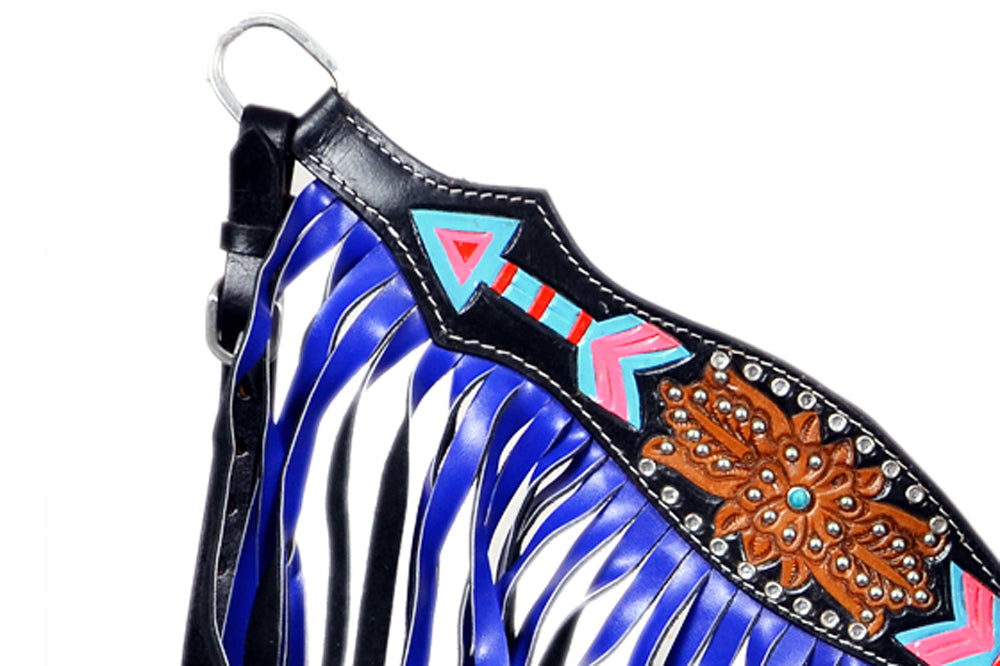 Hilason Western Horse Leather Headstall &amp; Breast Collar Set Black with Blue Fringes