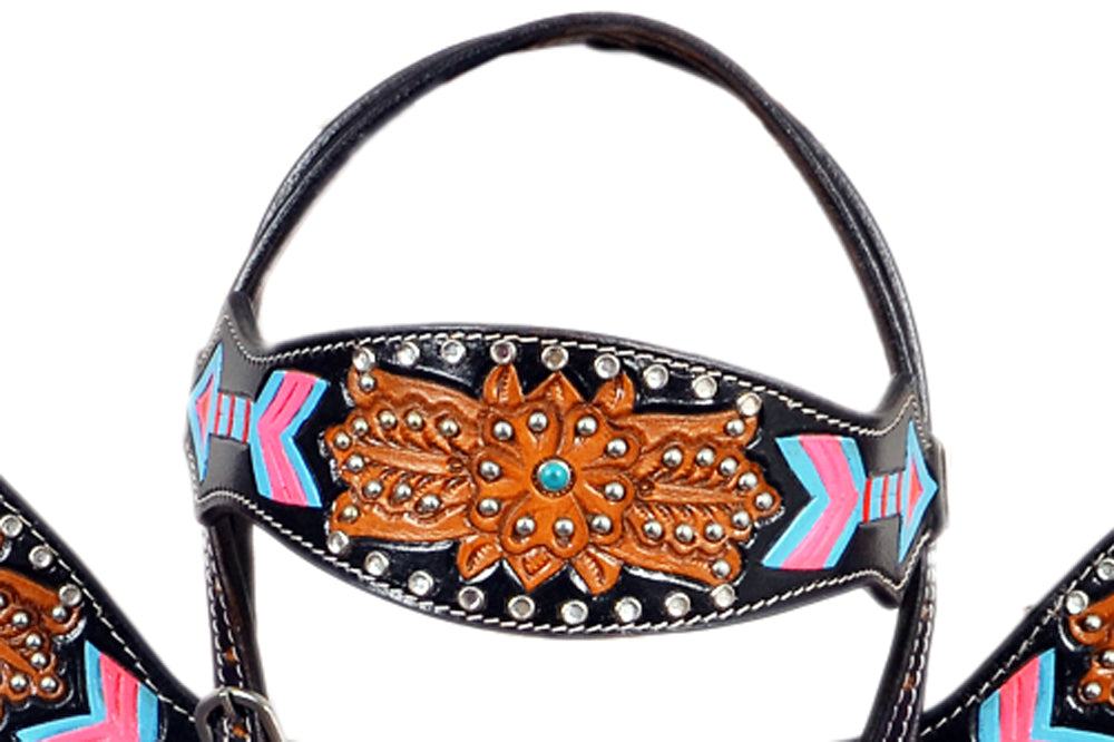 Hilason Western Horse Leather Headstall &amp; Breast Collar Set Black with Blue Fringes
