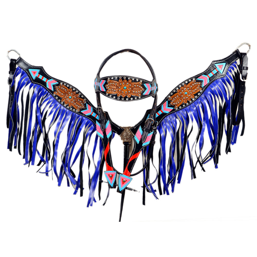 Hilason Western Horse Leather Headstall &amp; Breast Collar Set Black with Blue Fringes