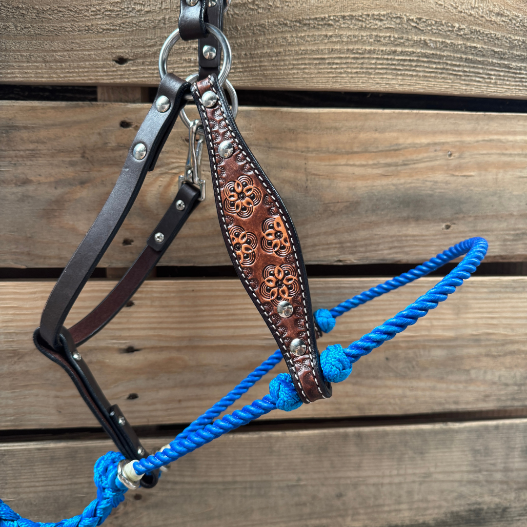 Blue Flower Power Tooled Lariat &amp; Leather Combo Halter