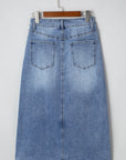 Alexis Irregular Distressed Bottom Denim Midi Skirt