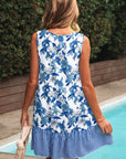 Floral Stripe Patchwork Sleeveless Ruffle Hem Dress