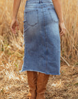 Denim Asymmetrical Distressed Midi Skirt