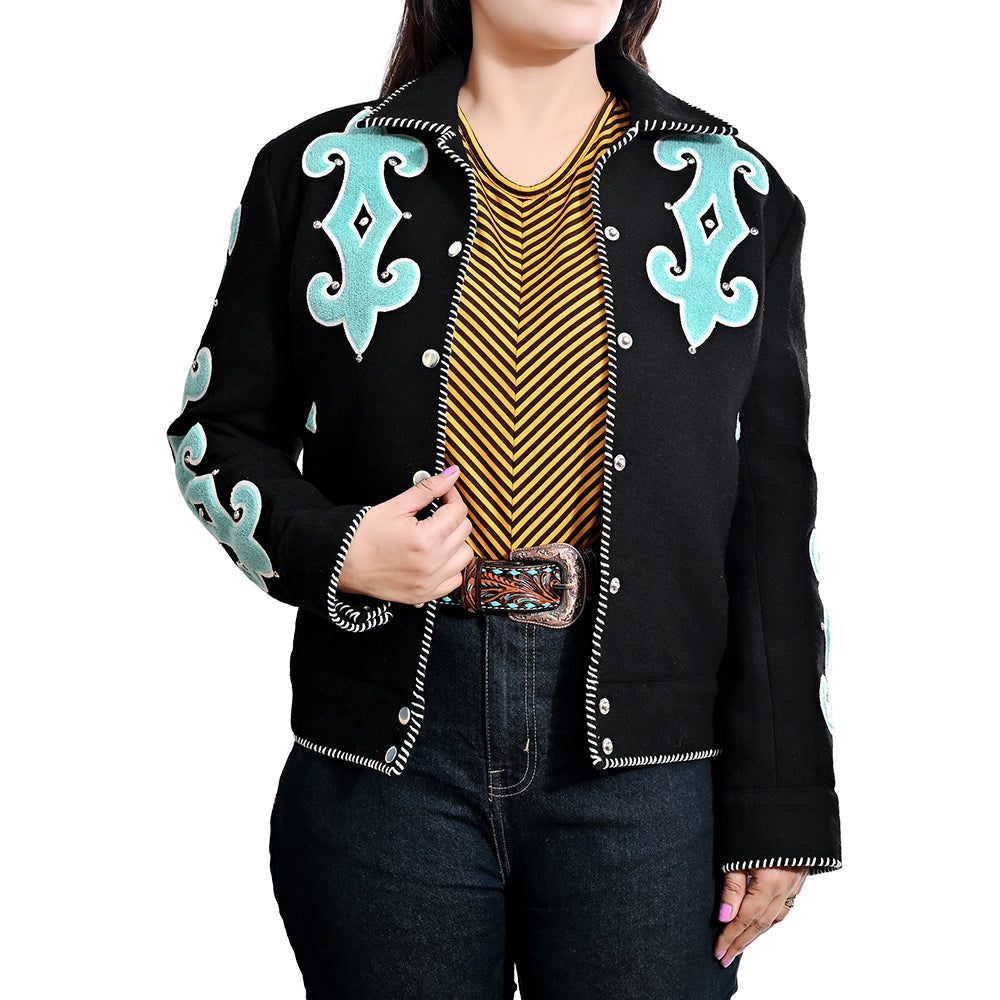 American Darling Women’s Western Blazer – Black Tailored Jacket with Turquoise Appliqué &amp; Hand-Finished Whipstitch Trim