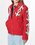Western Red Blazer With Tailored Fit And Carefully Crafted Black Whipstitch Trim