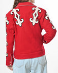 Western Red Blazer With Tailored Fit And Carefully Crafted Black Whipstitch Trim
