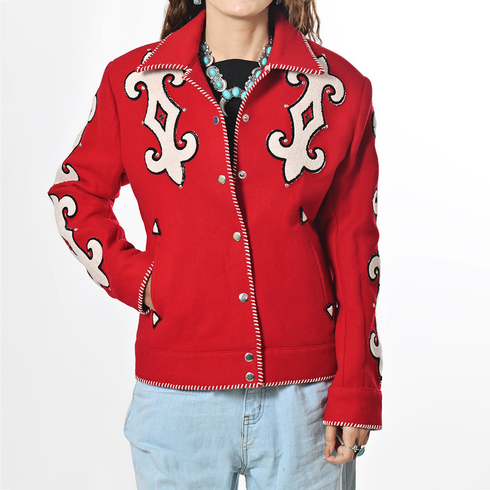 Western Red Blazer With Tailored Fit And Carefully Crafted Black Whipstitch Trim