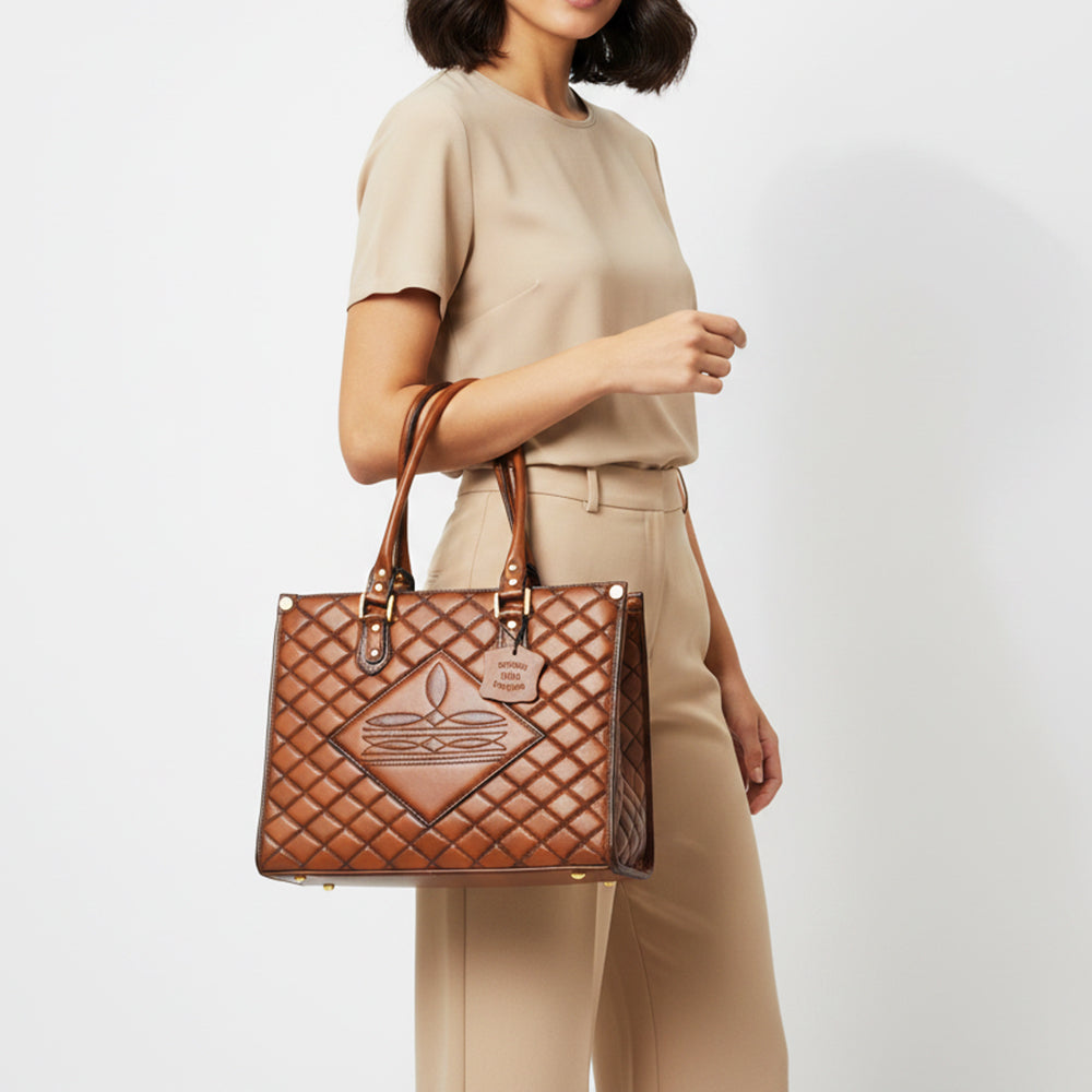American Darling Premium Quilted Leather Handbag with Embossed Detail &amp; Dual Handles – Elegant Structured Tote for Women
