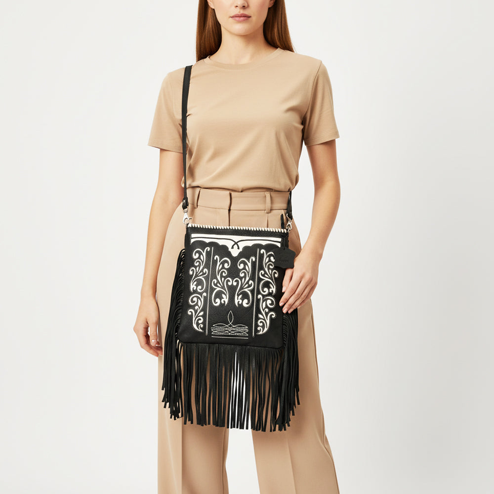 American Darling Full Grain Leather Crossbody Shoulder Bag Women Embroidered with Fringes &amp; Adjustable Strap