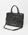 American Darling Black Western Cutwork Leather Handbag for Women – Embossed Tooled Satchel