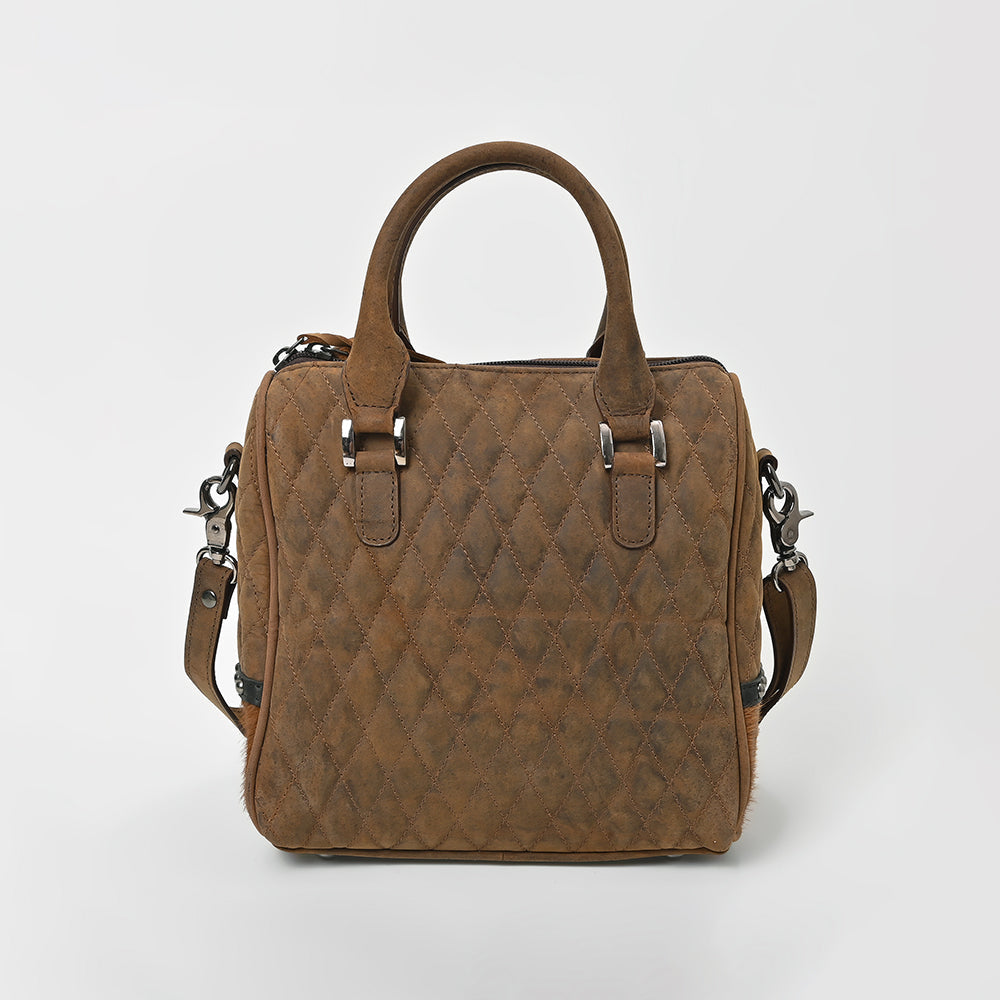 American Darling Quilted Genuine Leather &amp; Hair-On Hide Crossbody Satchel Purse for Women Western Handbag with Studded Detail