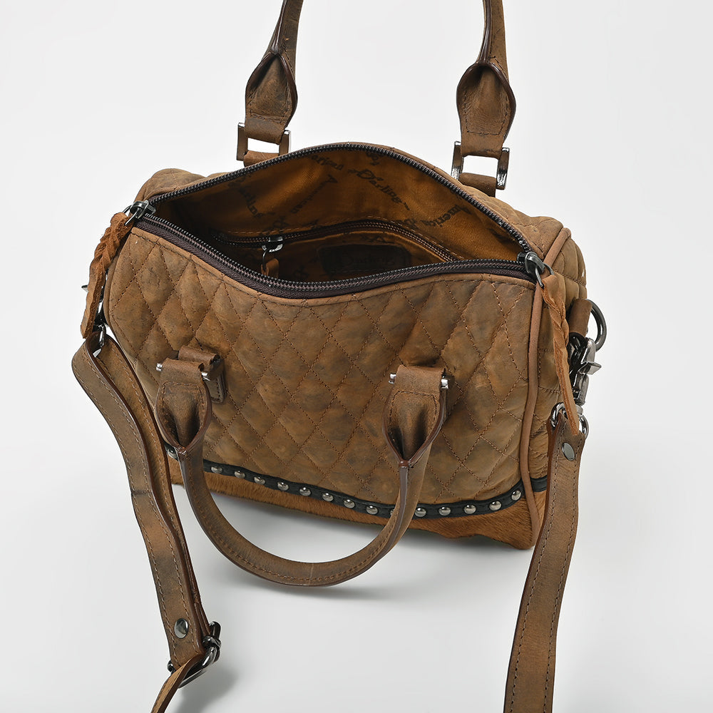 American Darling Quilted Genuine Leather &amp; Hair-On Hide Crossbody Satchel Purse for Women Western Handbag with Studded Detail