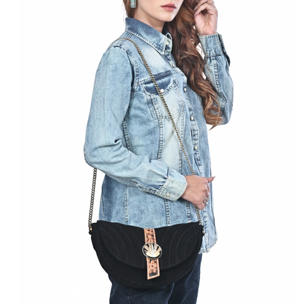 American Darling Cross body Bag for Women, Premium Suede Leather with Hand Tooled Floral Trim, Western Concho &amp; Chain Strap