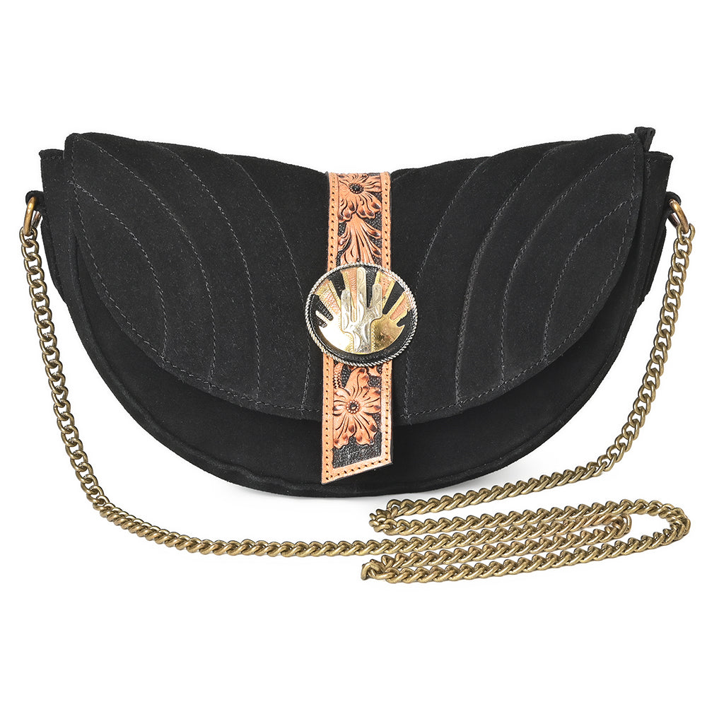 American Darling Cross body Bag for Women, Premium Suede Leather with Hand Tooled Floral Trim, Western Concho &amp; Chain Strap
