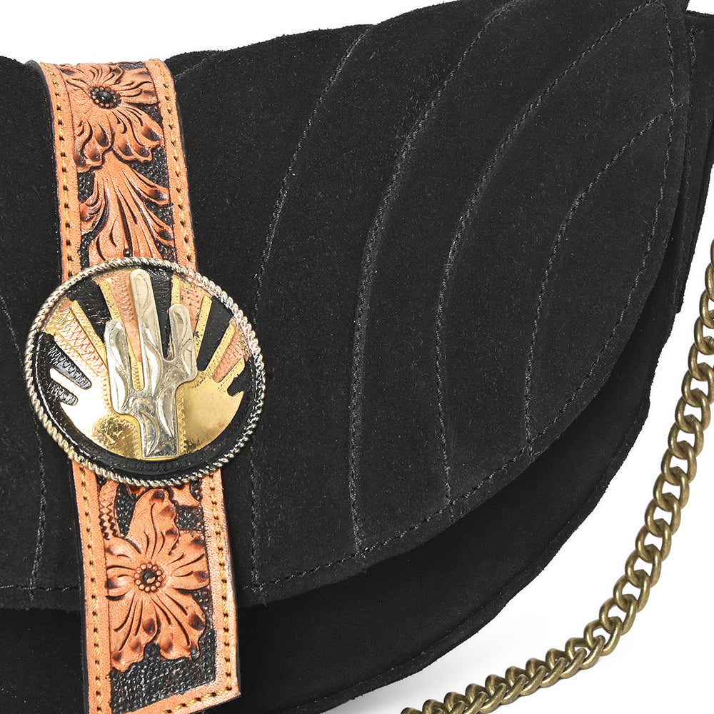 American Darling Cross body Bag for Women, Premium Suede Leather with Hand Tooled Floral Trim, Western Concho &amp; Chain Strap
