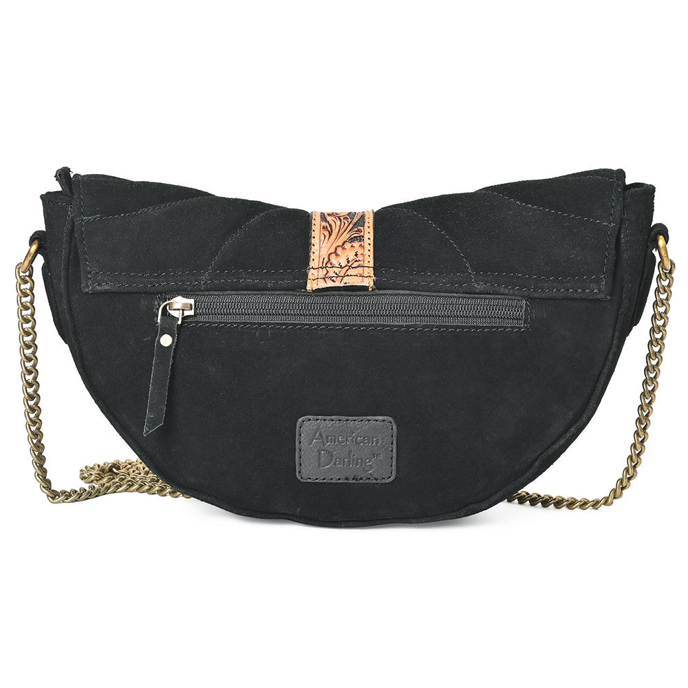 American Darling Cross body Bag for Women, Premium Suede Leather with Hand Tooled Floral Trim, Western Concho &amp; Chain Strap