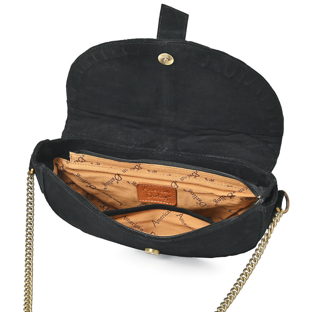 American Darling Cross body Bag for Women, Premium Suede Leather with Hand Tooled Floral Trim, Western Concho &amp; Chain Strap