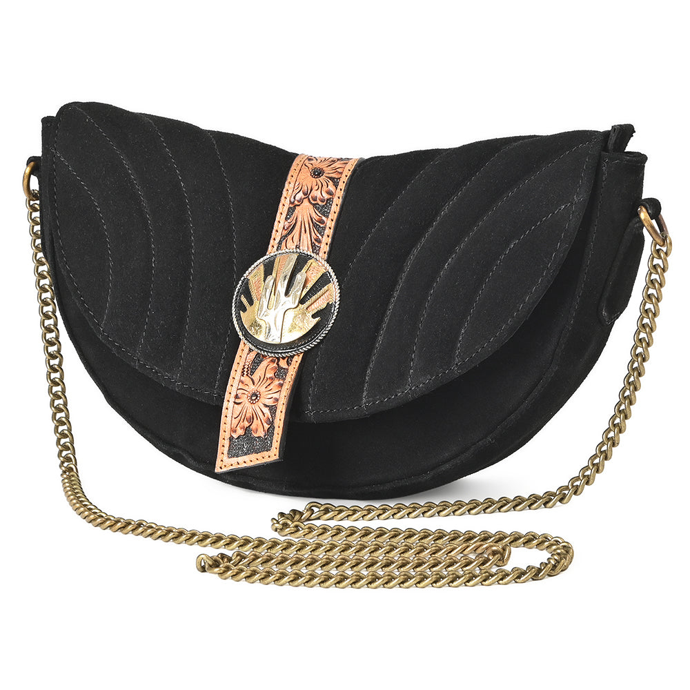 American Darling Cross body Bag for Women, Premium Suede Leather with Hand Tooled Floral Trim, Western Concho &amp; Chain Strap