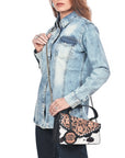 American Darling Messenger Bag Hand Tooled Floral Genuine Leather Western Purse with Hair-On Cowhide and Buck Stitching