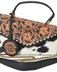 American Darling Messenger Bag Hand Tooled Floral Genuine Leather Western Purse with Hair-On Cowhide and Buck Stitching