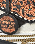 American Darling Messenger Bag Hand Tooled Floral Genuine Leather Western Purse with Hair-On Cowhide and Buck Stitching