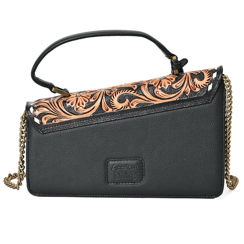 American Darling Messenger Bag Hand Tooled Floral Genuine Leather Western Purse with Hair-On Cowhide and Buck Stitching