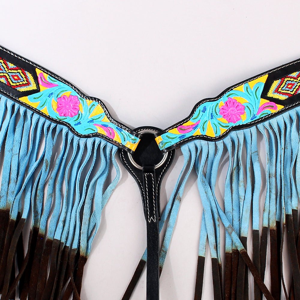 Hilason Western Horse Breast Collar Leather Beaded Inlay Turquoise