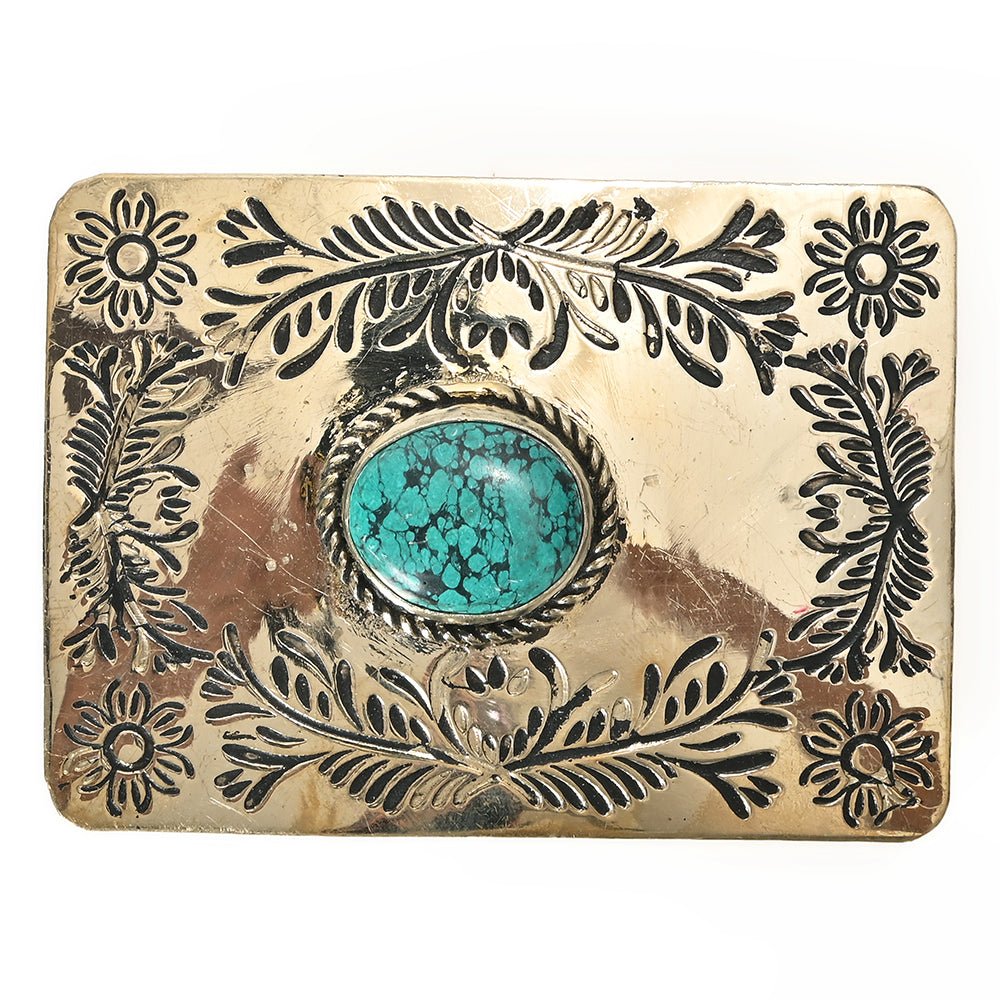 American Darling  Belt Buckle Engraved Brass Turquoise Rhinestone Scrollwork