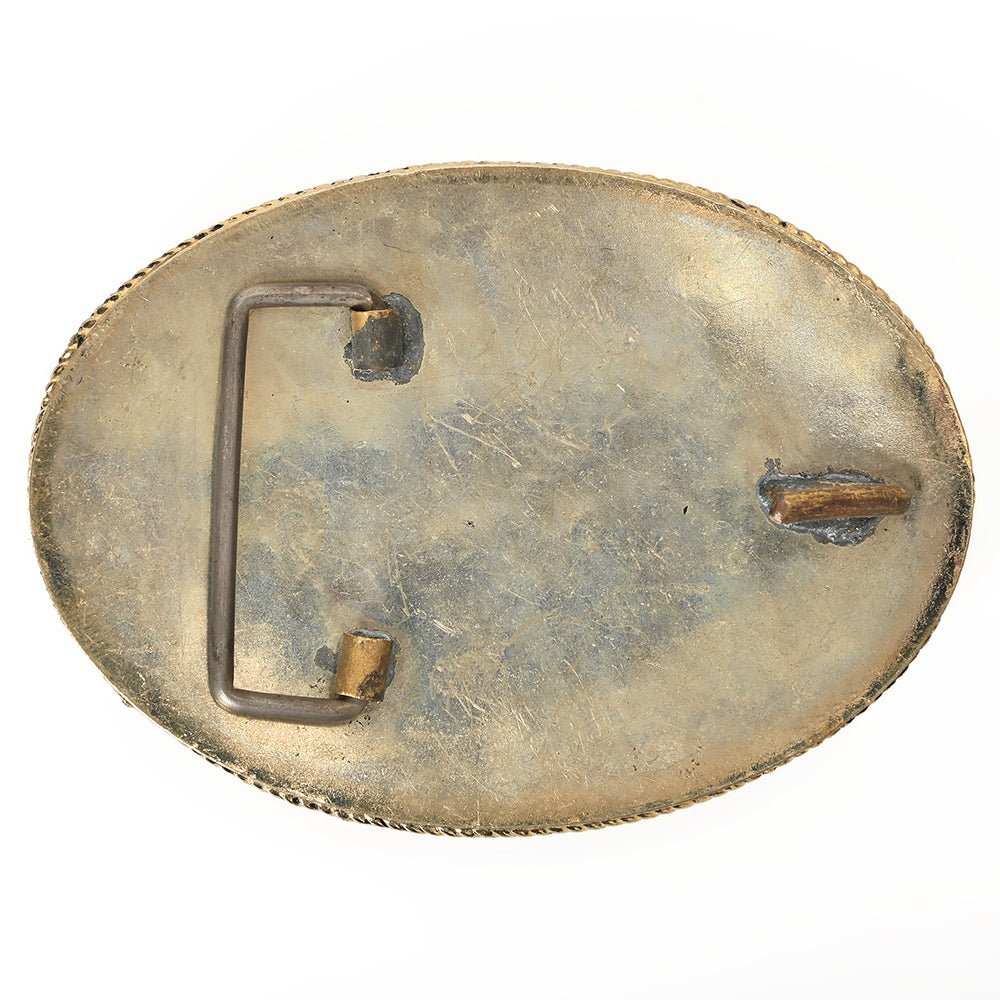 Engraved Western Brass Belt Buckle With Turquoise Rhinestones And Scrollwork Southwestern Detailing