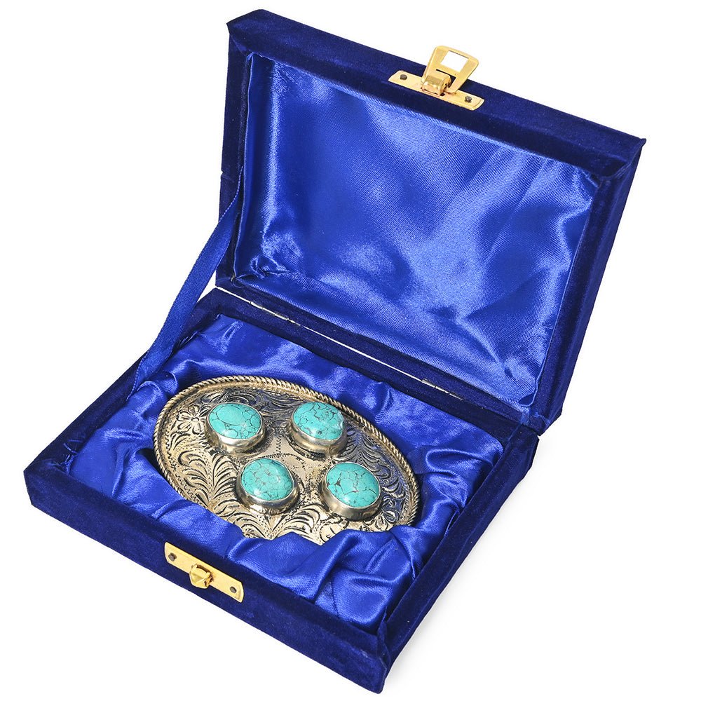 Engraved Western Brass Belt Buckle With Turquoise Rhinestones And Scrollwork Southwestern Detailing