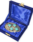 Engraved Western Brass Belt Buckle With Turquoise Rhinestones And Scrollwork Southwestern Detailing