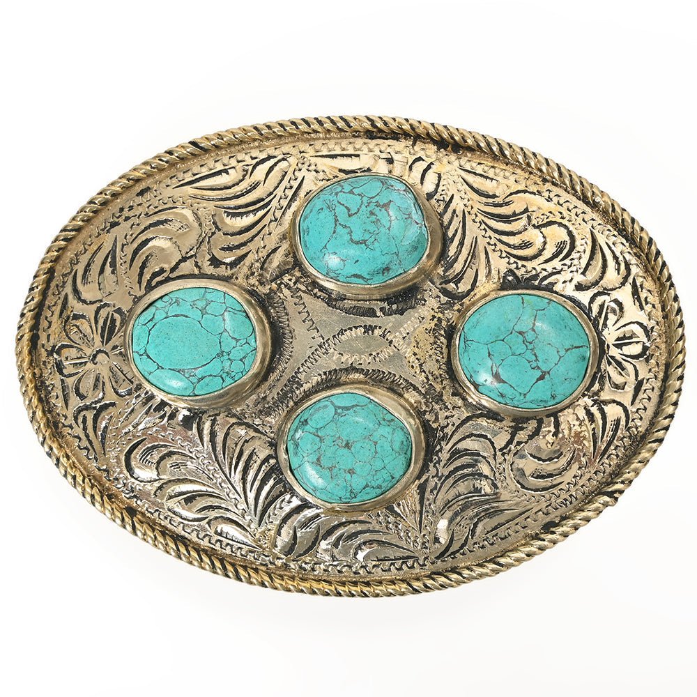 Engraved Western Brass Belt Buckle With Turquoise Rhinestones And Scrollwork Southwestern Detailing