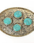 Engraved Western Brass Belt Buckle With Turquoise Rhinestones And Scrollwork Southwestern Detailing