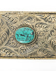 American Darling  Belt Buckle Engraved Brass Turquoise Rhinestone Scrollwork