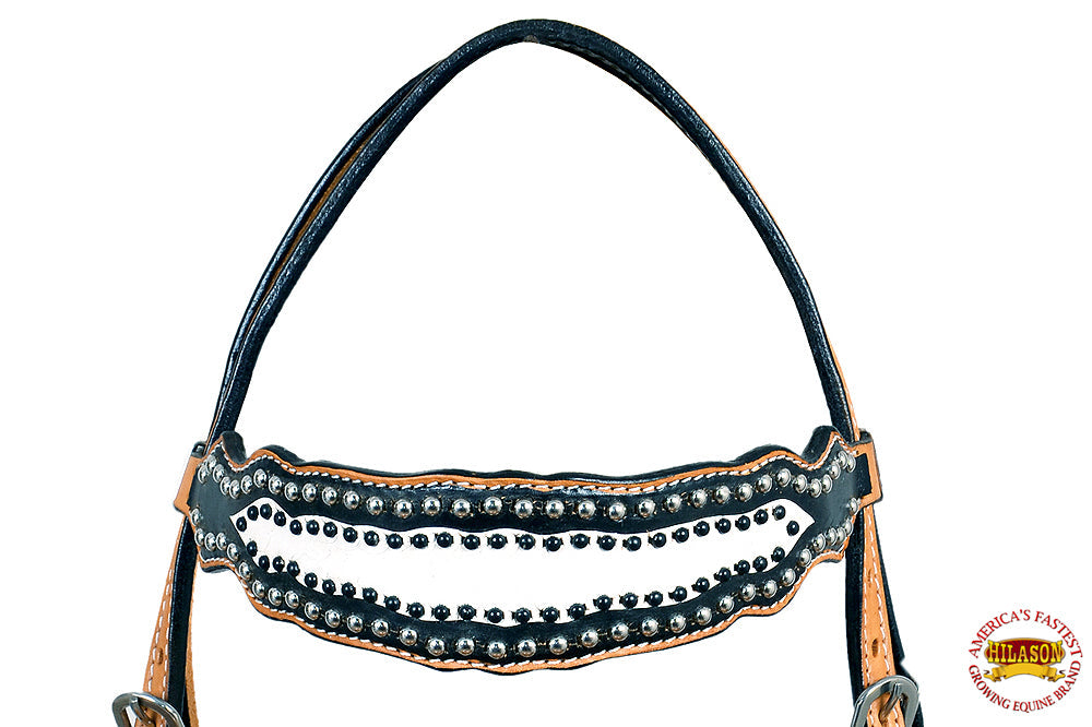 HILASON Western Horse Headstall Tack  American Leather Tan W/ Black &amp; White