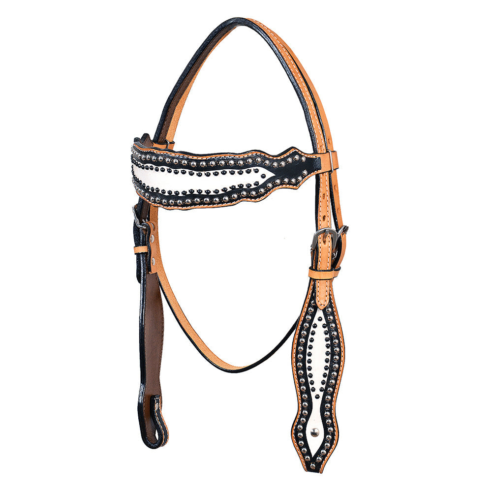 HILASON Western Horse Headstall Tack  American Leather Tan W/ Black &amp; White