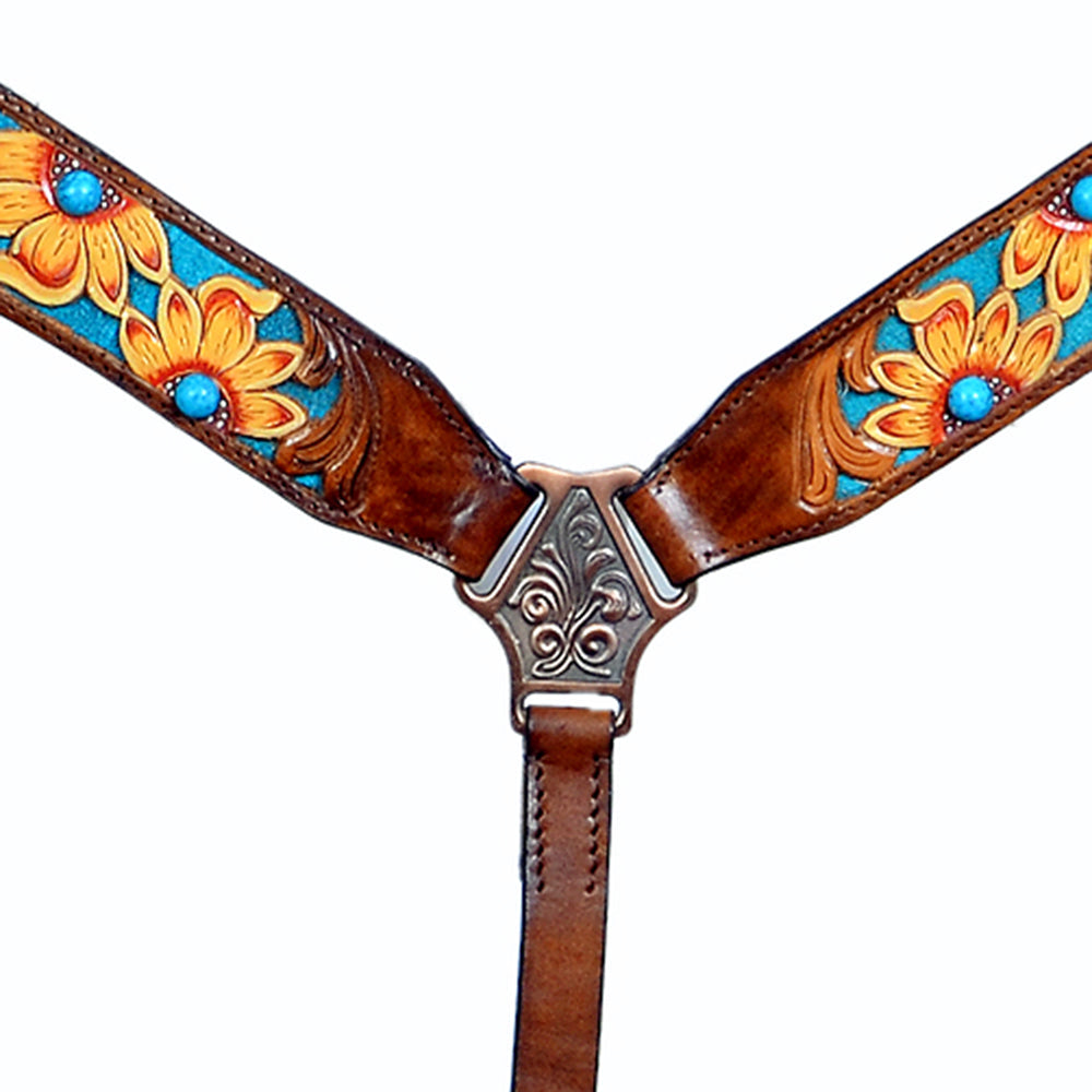 HILASON Western Horse Leather Headstall &amp; Breast Collar Set Brown Sunflower