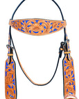 HILASON Western Genuine Leather Horse Headstall Tack Tan with Blue Inlay