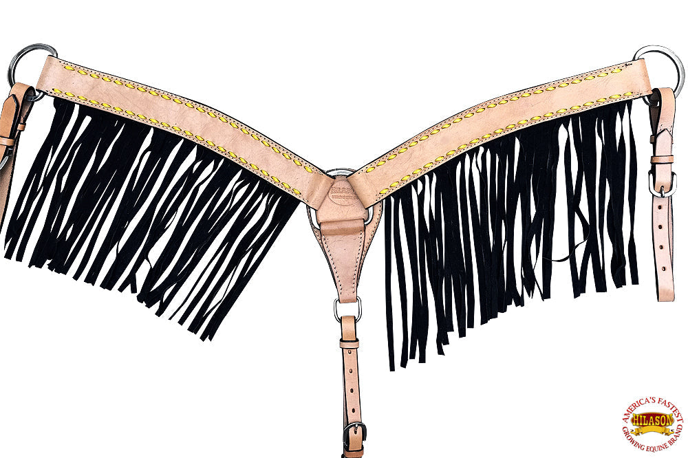 HILASON Western Horse Breast Collar Genuine Leather Tan With Black Fringes