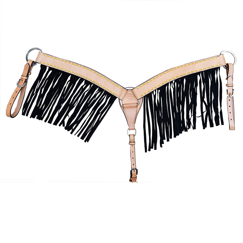 HILASON Western Horse Breast Collar Genuine Leather Tan With Black Fringes