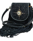 American Darling Western Embossed Leather Fringe Crossbody Bag with Studded Strap & Concho Detail