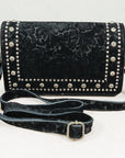 American Darling Western Embossed Leather Studded Crossbody Bag – Floral Tooled Purse with Adjustable Strap