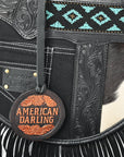 AMERICAN DARLING Tooled Leather Canteen Bag Fringe Turquoise Beading