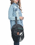 AMERICAN DARLING Tooled Leather Canteen Bag Fringe Turquoise Beading