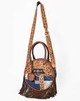 AMERICAN DARLING Tooled Leather Denim Canteen Bag Cowhide Fringe